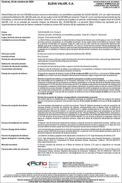 Portada Eleva Valor, C.A. | Oferta Pública de Acciones Comunes, Nominativas, No Convertibles al Portador, Clases A y B