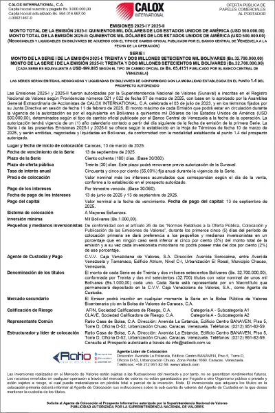 Portada Calox International | Oferta Pública de Papeles Comerciales Emisiones 2025-I y 2025-II Serie I