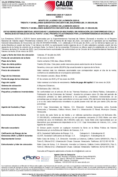 Portada Calox International | Oferta Pública de Papeles Comerciales al Portador. Emisiones 2025-III y 2025-IV Serie II