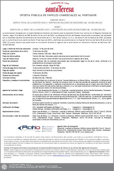Portada C.A. Ron Santa Teresa | Oferta Pública de Papeles Comerciales al Portador. Emisión 2025-I / Serie I
