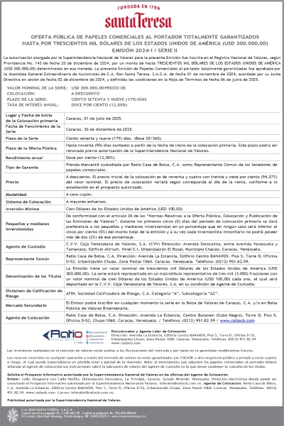 Portada C.A. Ron Santa Teresa | Oferta Pública de Papeles Comerciales al Portador Totalmente Garantizados. Emisión 2024-I / Serie II