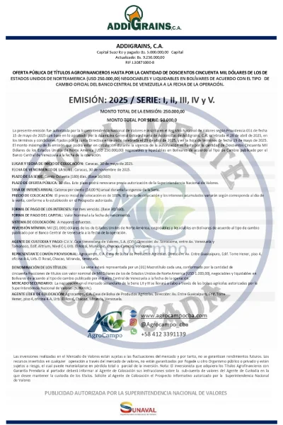 Portada ADDIGRAINS | Totalmente Colocada Emisión 2025 de Títulos Agrofinancieros. Series I, II, III, IV y V