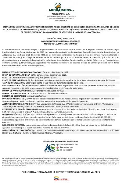 Portada ADDIGRAINS | Oferta Pública de Títulos Agrofinancieros. Emisión 2025 Serie IV y V