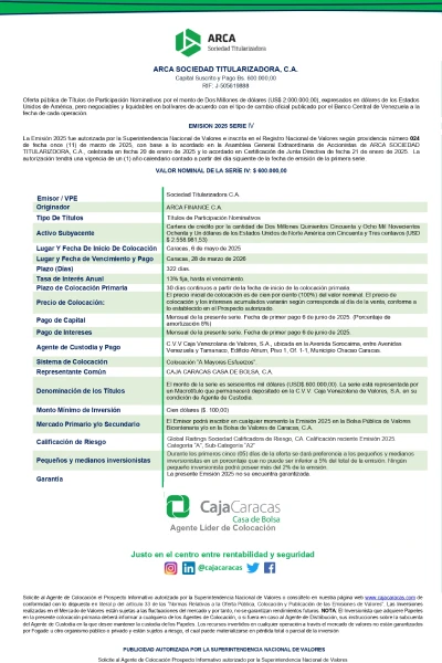 Portada ARCA Sociedad Titularizadora C.A. | Oferta pública de Títulos de Participación. Emisión 2025 Serie IV