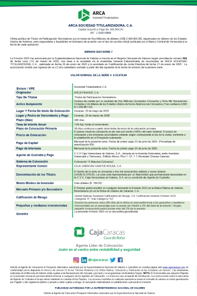 Portada ARCA Sociedad Titularizadora C.A. | Oferta pública de Títulos de Participación. Emisión 2025 Serie V