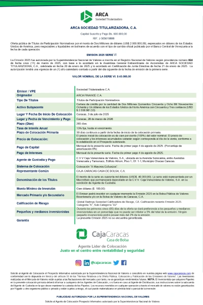 Portada ARCA Sociedad Titularizadora C.A. | Oferta pública de Títulos de Participación. Emisión 2025 Serie VI