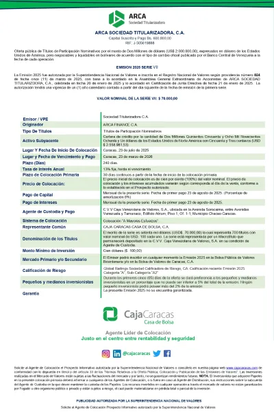 Portada ARCA Sociedad Titularizadora C.A. | Oferta pública de Títulos de Participación. Emisión 2025 Serie VII