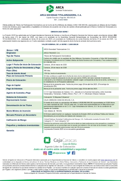 Portada ARCA Sociedad Titularizadora C.A. | Oferta pública de Títulos de Participación. Emisión 2025 Serie I