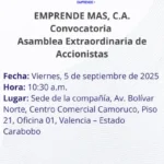 Portada Aviso de Prensa Asamblea Extraordinaria Emprende Mas Septiembre 2025