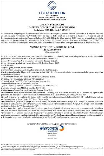 Portada Comercial Belloso, C.A. (COBECA) | Oferta Pública de Papeles Comerciales al Portador. Emisión 2025-III / Serie 2025-III-I