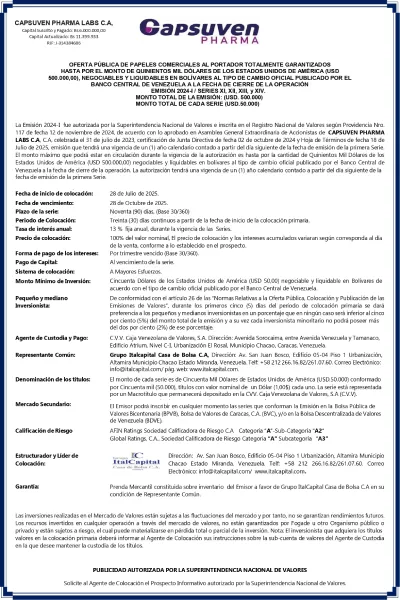 Portada Capsuven Pharma Labs | Oferta Pública de Papeles Comerciales al Portador Totalmente Garantizados. Emisión 2024-I / Series XI, XII, XIII, y XIV