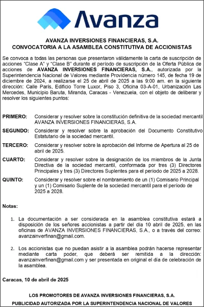 Portada Avanza Inversiones Financieras, S.A. | Asamblea Constitutiva de Accionistas #25Abr 2025