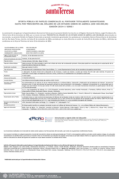 Ron Santa Teresa Aviso de Prensa Serie I Emisión 2024 Portada