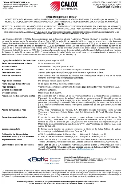 Portada Calox International | Oferta Pública de Papeles Comerciales al Portador. Emisiones 2025-III y 2025-IV Serie I