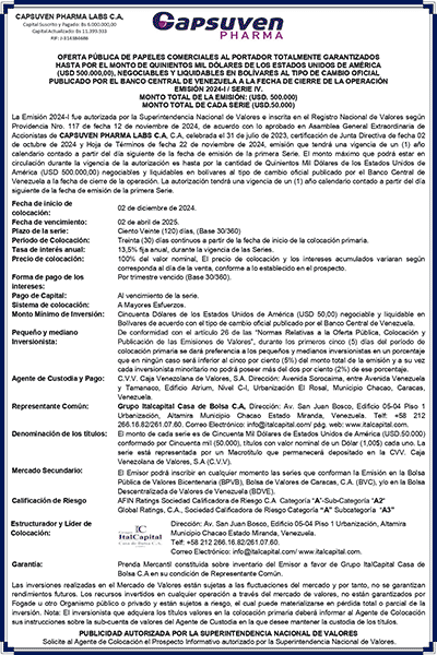 Portada Capsuven Pharma Labs | Oferta Pública de Papeles Comerciales al Portador Totalmente Garantizados. Emisión 2024-I / Serie IV