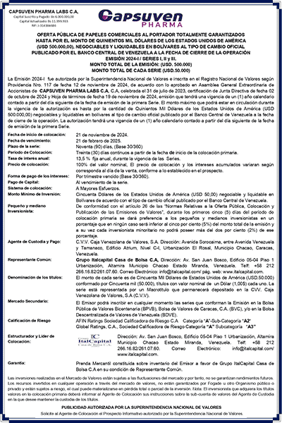 Portada Capsuven Pharma Labs | Oferta Pública de Papeles Comerciales al Portador Totalmente Garantizados. Emisión 2024-I / Series I, II y III