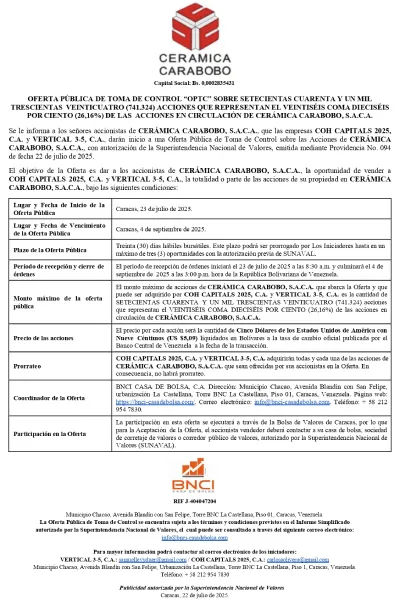 Portada Oferta Pública de Toma de Control Cerámica Carabobo, S.A.C.A.