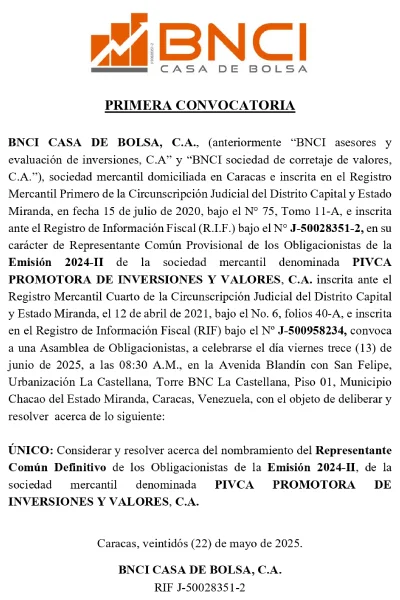PIVCA Promotora de Inversiones y Valores, C.A. | Asamblea de Obligacionistas #13Jun 2025