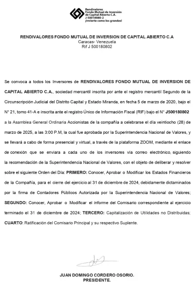 Portada Rendivalores Fondo Mutual de Inversión de Capital Abierto, C.A. | Convocatoria Asamblea General Ordinaria de Accionistas #28Mar 2025