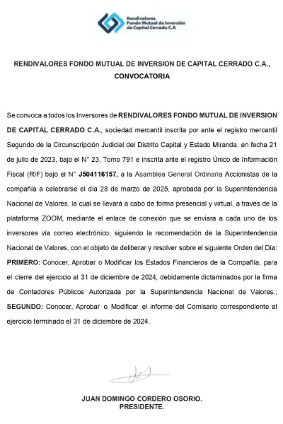 Portada Rendivalores Fondo Mutual de Inversión de Capital Cerrado, C.A. | Convocatoria Asamblea General Ordinaria de Accionistas #28Mar 2025