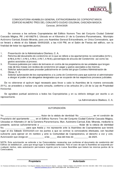 Portada Convocatoria Asamblea General Extraordinaria de Copropietarios Edif. Nº 3 del Conjunto Ciudad Colonial Cascada Mágica