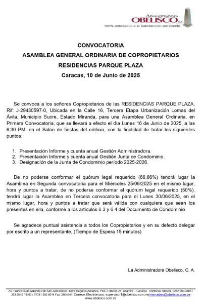 Portada Convocatoria Asamblea General Ordinaria de Copropietarios Residencias Parque Plaza 10 de Junio de 2025