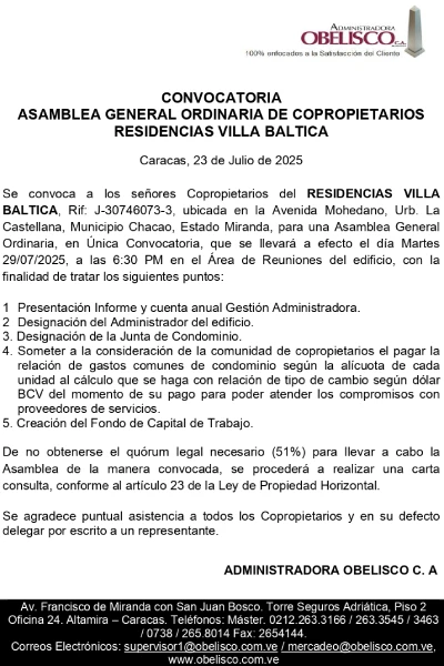 Portada Convocatoria Asamblea General Ordinaria de Copropietarios Residencias Villa Baltica 23Jul 2025