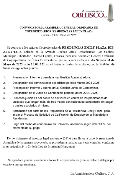 Portada Convocatoria Asamblea General Ordinarias de Copropietarios Residencias Emily Plaza 31 mayo 2025