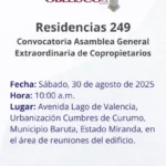 Portada Convocatoria Asamblea Residencias 249 Agosto 2025
