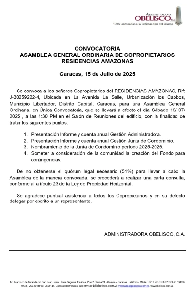 Portada Convocatoria Asamblea Residencias Amazonas 2025 julio 15