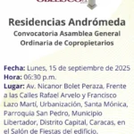 Portada Convocatoria Asamblea Residencias Andromeda 2025 Septiembre 15
