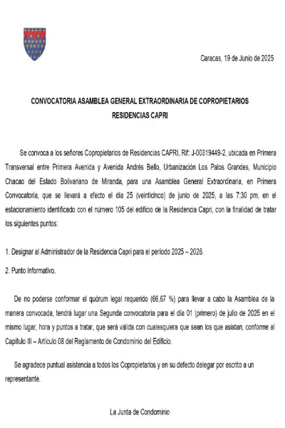 Convocatoria Asamblea Residencias Capri #25jun 2025