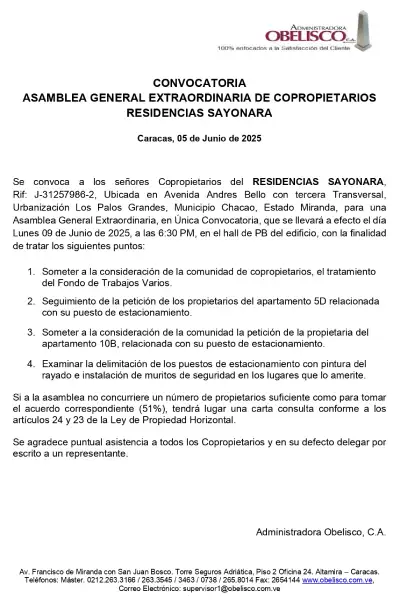 Portada Convocatoria Asamblea Residencias Sayonara 2025 junio 05