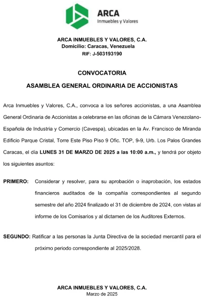 Portada Arca Inmuebles y Valores, C.A. | Convocatoria Asamblea General Ordinaria de Accionistas #31Mar 2025