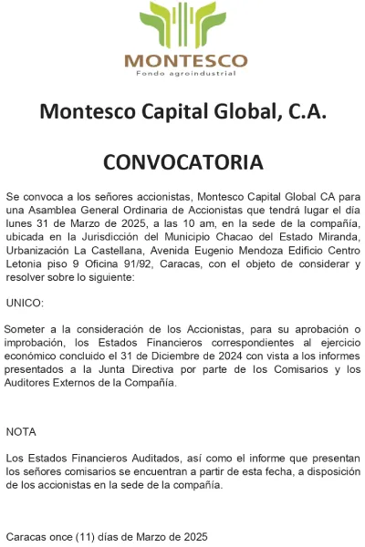Portada Montesco Capital Global, C.A. | Convocatoria Asamblea General Ordinaria de Accionistas #31Mar 2025