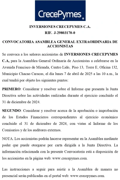 Portada Inversiones Crecepymes, C.A. | Convocatoria Asamblea General Ordinaria de Accionistas #7Abr 2025