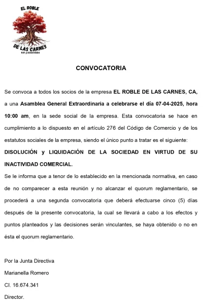 Portada El Roble de las Carnes, C.A. | Convocatoria Asamblea General Extraordinaria de Accionistas #7Abr 2025