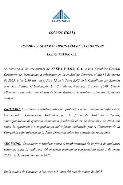 Portada Eleva Valor, C.A. | Convocatoria Asamblea General Ordinaria de Accionistas #31Mar 2025
