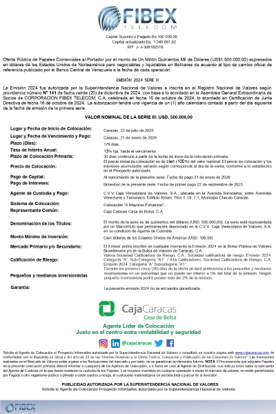 Portada Corporación FIBEX Telecom, C.A, | Oferta Pública de Papeles Comerciales al Portador. Emisión 2024 Serie III