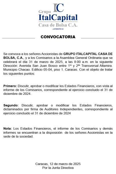 Portada Grupo ItalCapital Casa de Bolsa, C.A. | Convocatoria Asamblea General Ordinaria de Accionistas #31Mar 2025