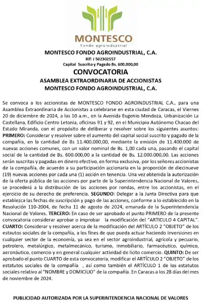 Portada Montesco Fondo Agroindustrial, C.A. | Convocatoria Asamblea Extraordinaria de Accionistas #20dic 2024