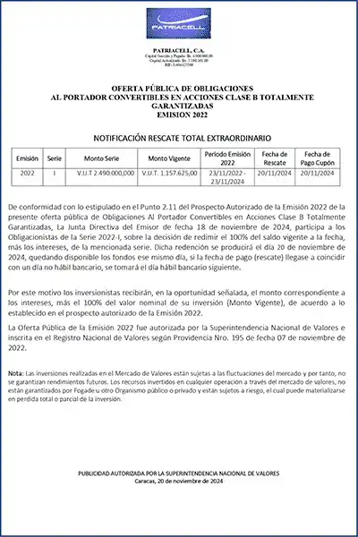 Portada. Patriacell, C.A. | Notificación de Rescate Total Extraordinario de la emisión de Obligaciones al portador convertibles en acciones Clase B. Emisión 2022