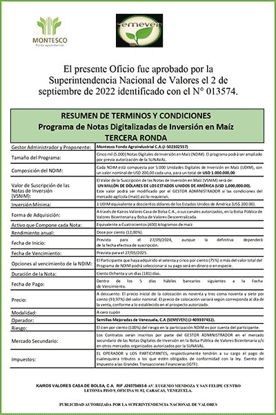 Semillas Mejoradas de Venezuela, C.A (SEMEVEN) | Programa de Notas Digitalizadas de Inversión en Maíz (Tercera Ronda) Portada