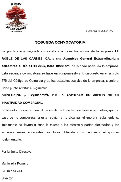 Portada El Roble de las Carnes, C.A. | Segunda Convocatoria Asamblea General Extraordinaria de Accionistas #14Abr 2025