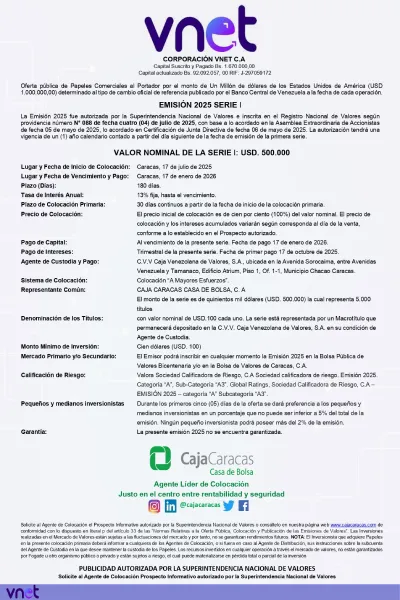 Portada Corporación VNET C.A. | Oferta Pública de Papeles Comerciales al Portador. Emisión 2025 Serie I