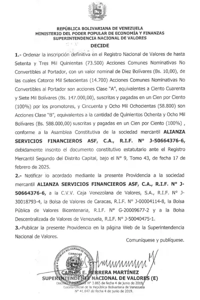 Providencia Sunaval 015 Alianza Servicios Financieros ASF CA Portada