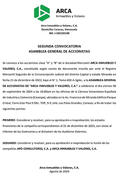 Arca Inmuebles y Valores, C.A. | Segunda Convocatoria Asamblea General de Accionistas 06 de septiembre de 2024 Portada