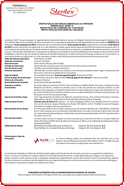 Steritex Aviso de prensa Emisión 2023-1 Serie-11 Miniatura