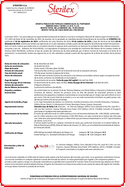 Steritex Aviso de prensa Emisión 2023-1 Series I, II, III, IV, V, y VI Portada