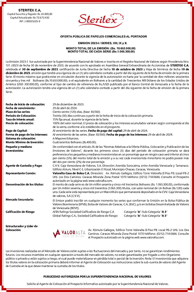 Steritex Aviso de prensa Emisión 2023-I Series VIII, IX y X Miniatura
